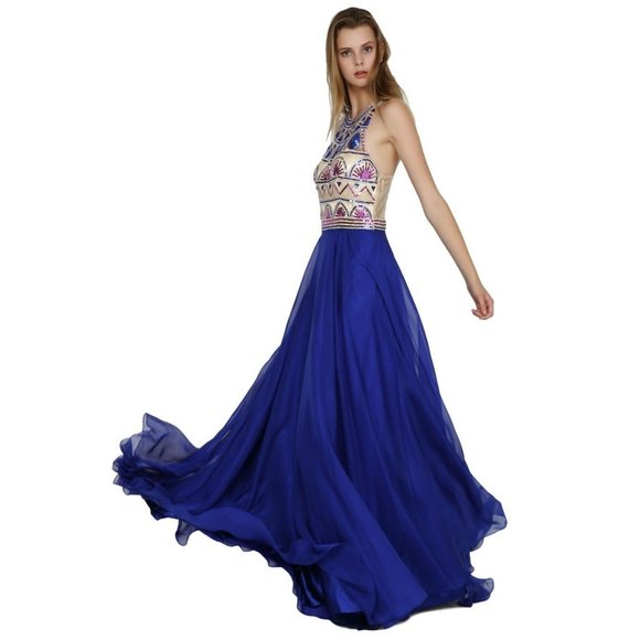 Women's Formal SHEER Embroidery beaded Long Evening Gown prom dress - Picture 2 of 6